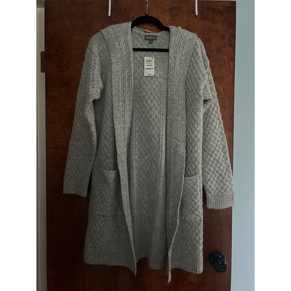 Style & Co Cardigan Women Large Grey NEW Hooded Cable Knit Open Front Sweater